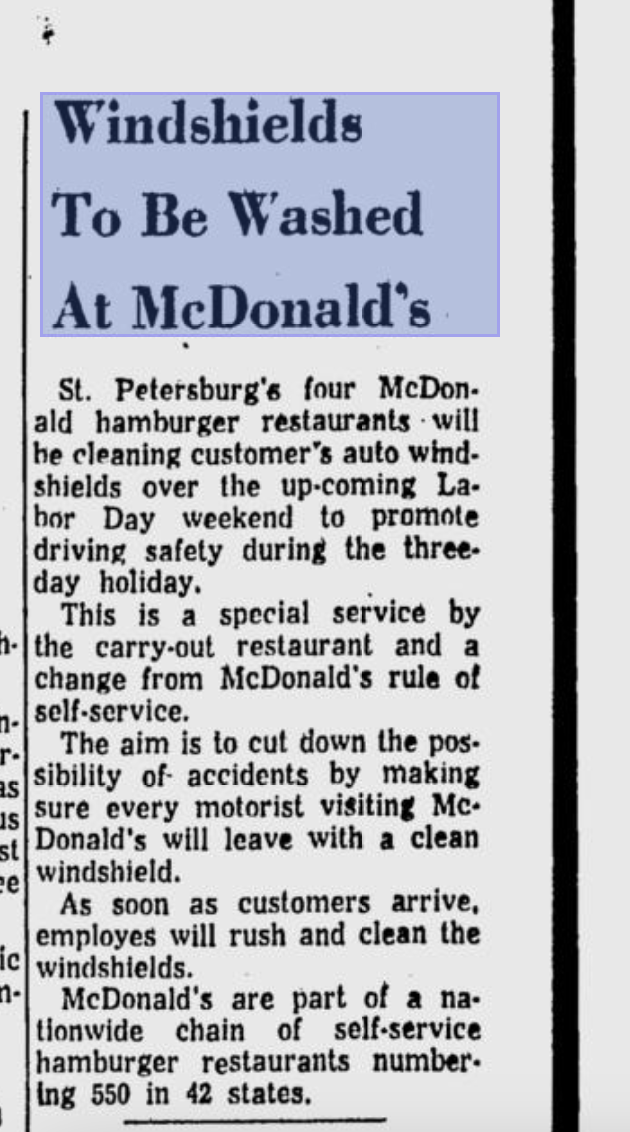 Upon placing a drive-in order for new menu items like the Filet-O-Fish, Big Mac and the Hot Apple Pie — classics that are still beloved roughly six decades later — some locations offered customers an unconventional free side: A free window wash while they waited for their food. 